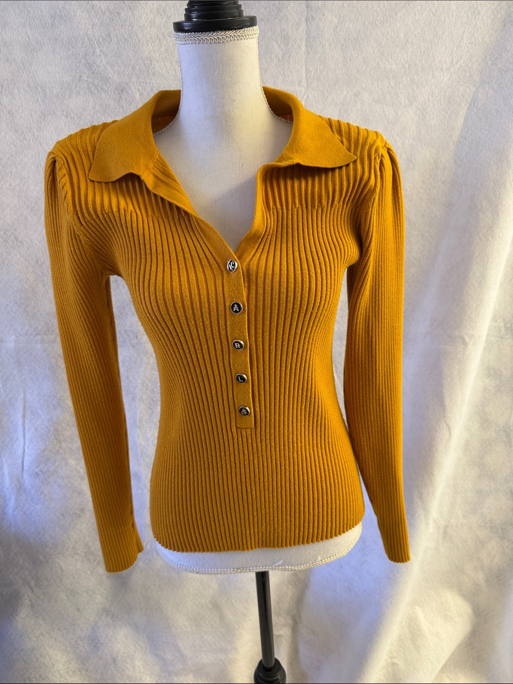 Karl Lagerfeld Mustard Ribbed Long-Sleeve Polo Top
